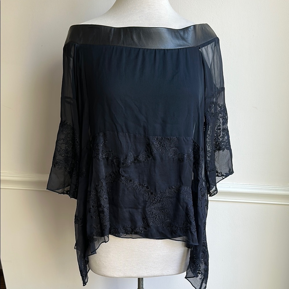Womens Bailey 44 Dark Navy Blue Silk Leather Off Shoulder Top Blouse EUC